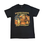 Black t-shirt with American-themed design featuring an eagle, liberty bell, and flag on a white background.