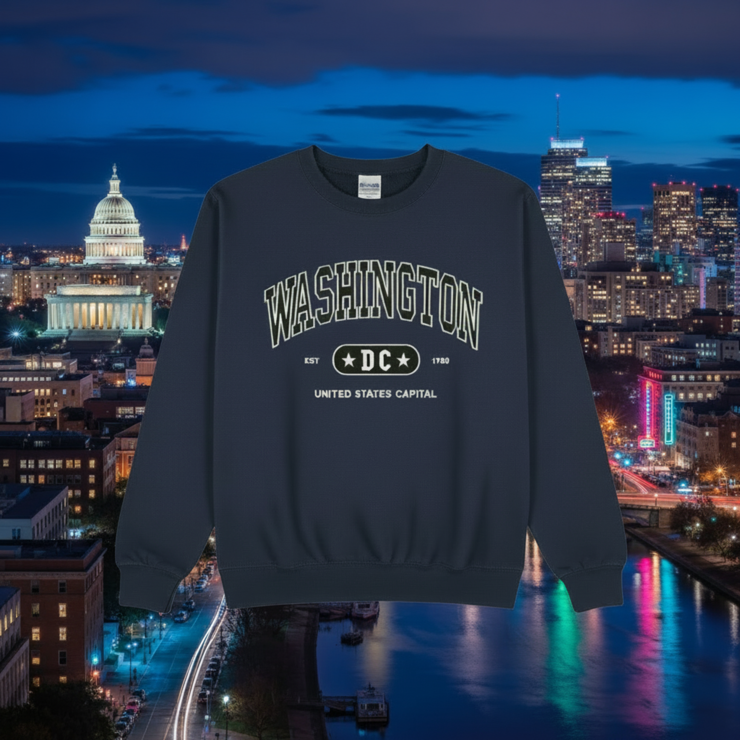 Navy blue sweatshirt with 'Washington DC United States Capital' text on a mannequin.