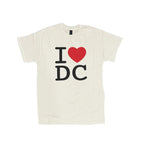 White t-shirt with 'I ❤️ DC' design on a black table.