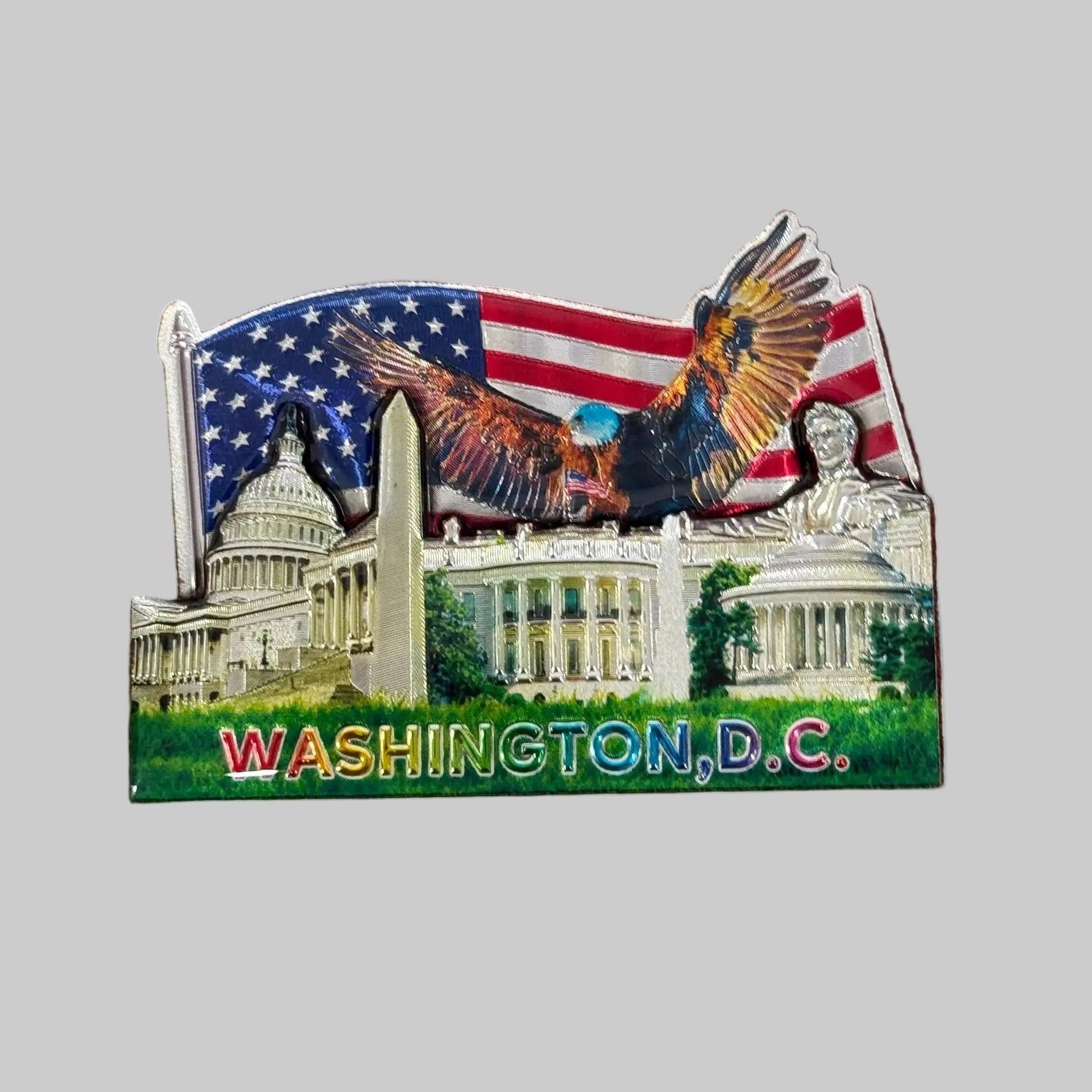 Fridge magnet with Washington, D.C. landmarks and American flag design on a gray background