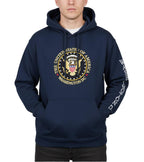 Blue hoodie with a logo and text on a wooden background