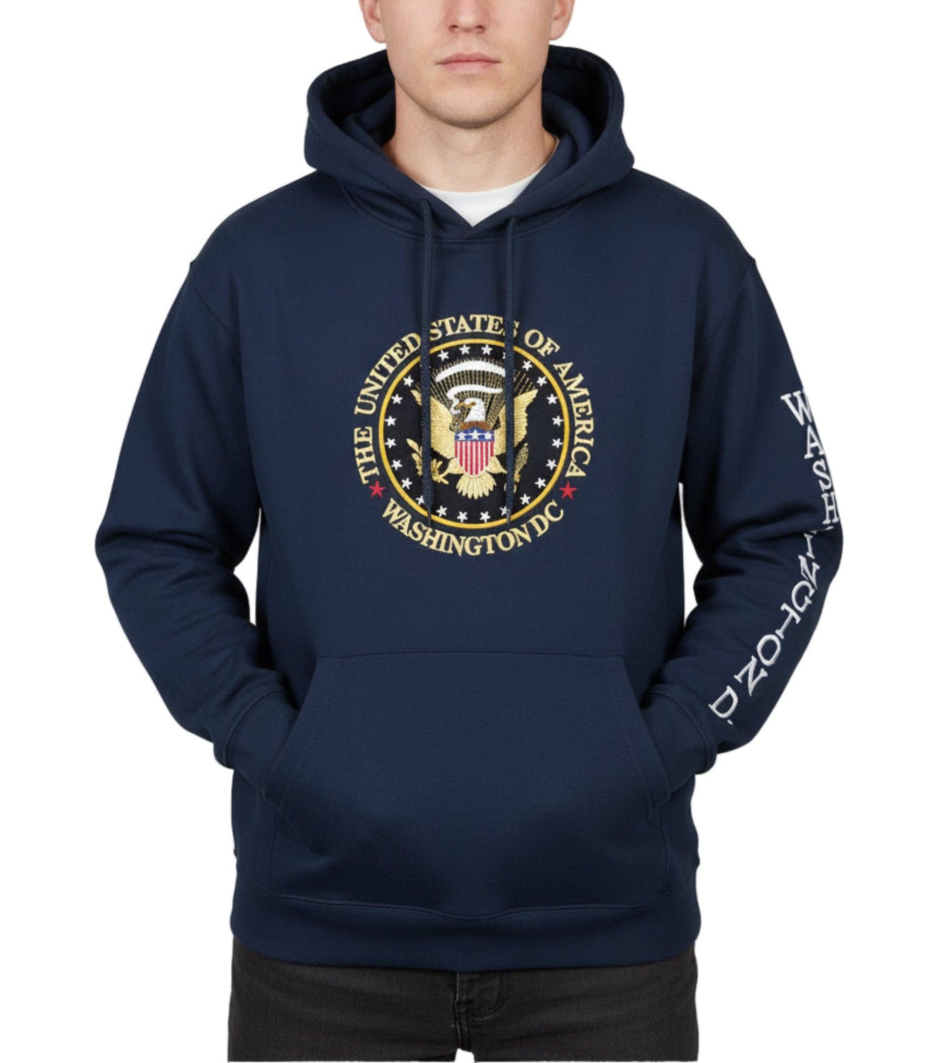 Blue hoodie with a logo and text on a wooden background