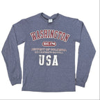 Blue long-sleeve shirt with 'Washington USA' text on a black table.