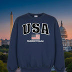 Navy blue sweatshirt with 'USA Washington D.C.' text and American flag on a mannequin against a white background