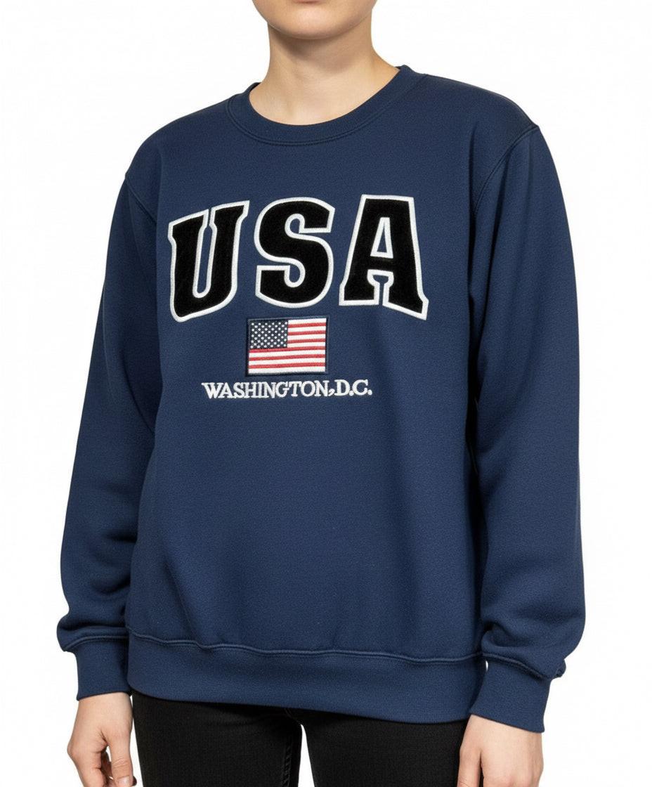 Navy blue sweatshirt with 'USA Washington D.C.' text and American flag on a mannequin against a white background