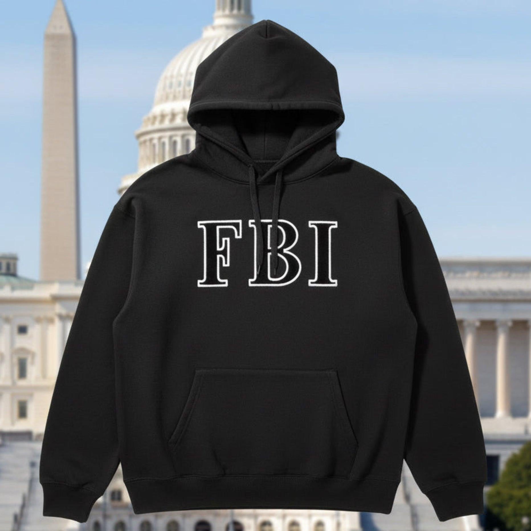 Black hoodie with FBI in big letters on the front