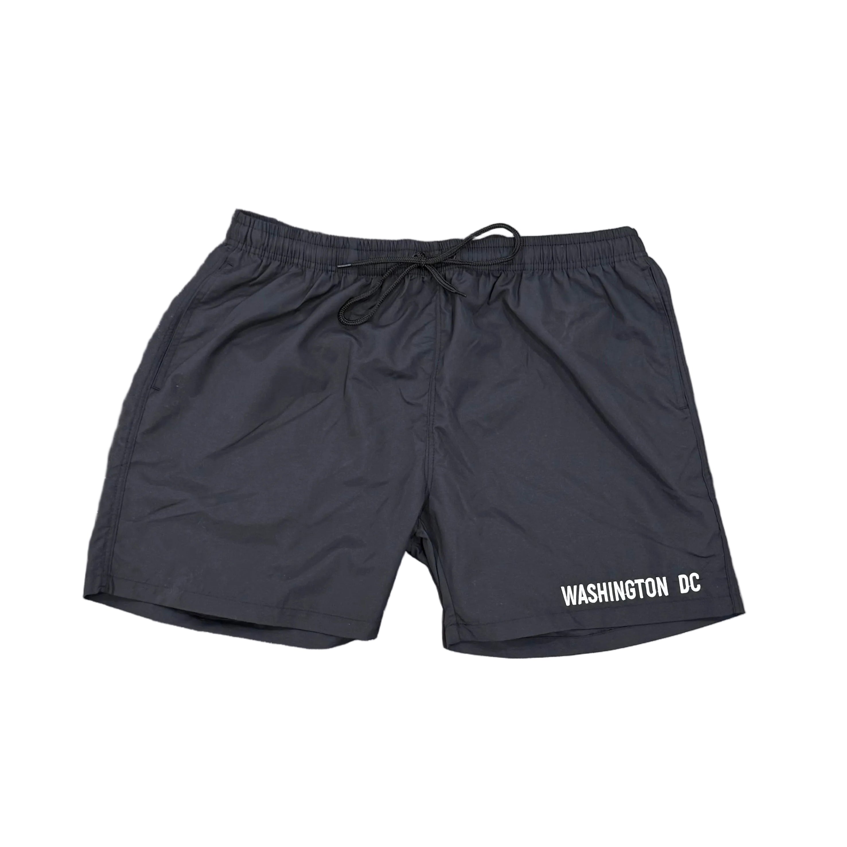 Black shorts with 'Washington DC' design on a white background