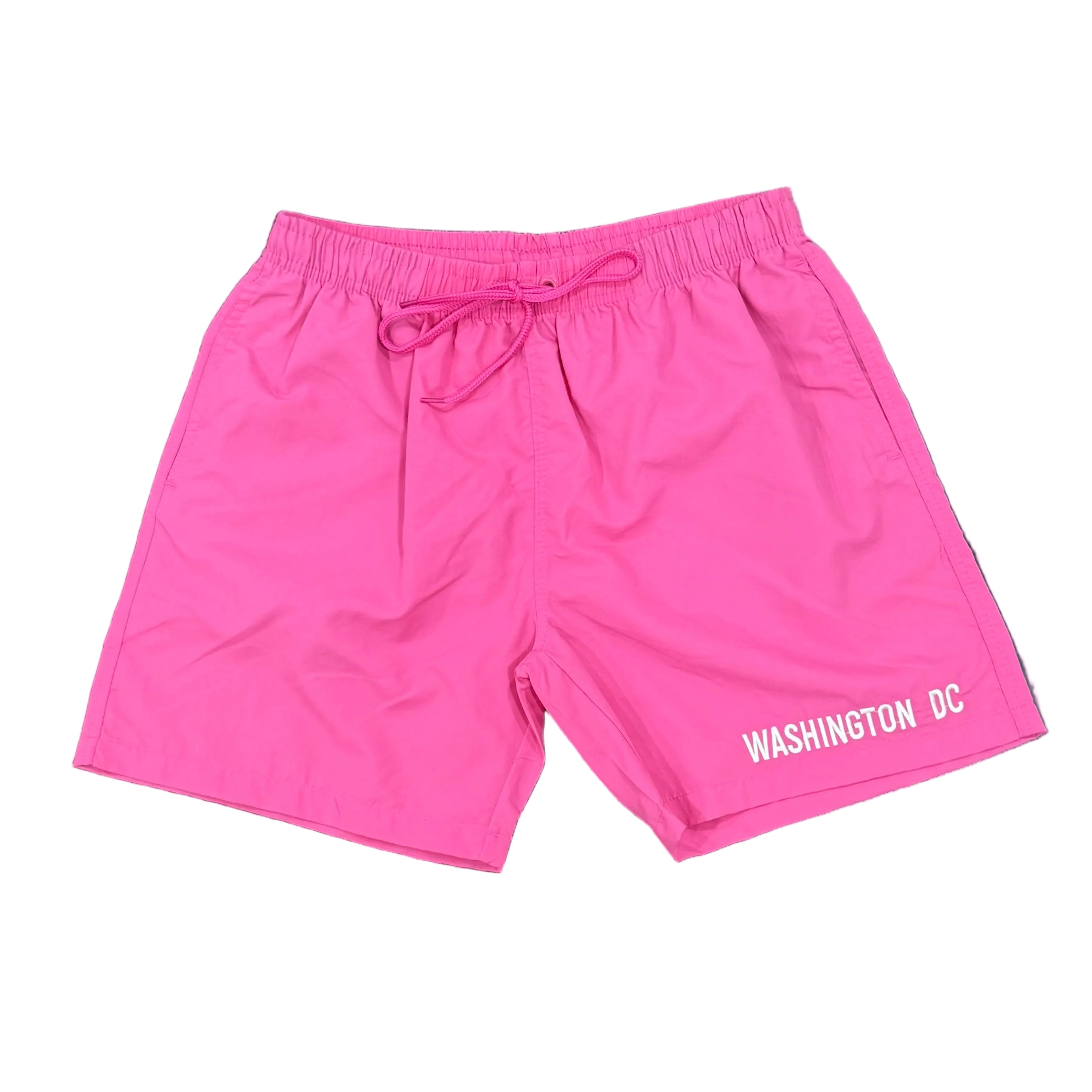 Pink shorts a Washington DC design on them on a white background